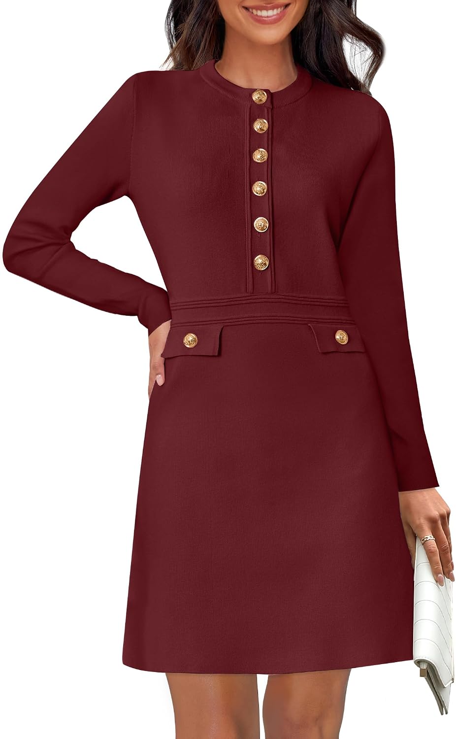 NENONA Women's 2026 Long Sleeve Fall Winter Sweater Dress Spring Fashion Button Elegant Business Casual Work Mini Dresses