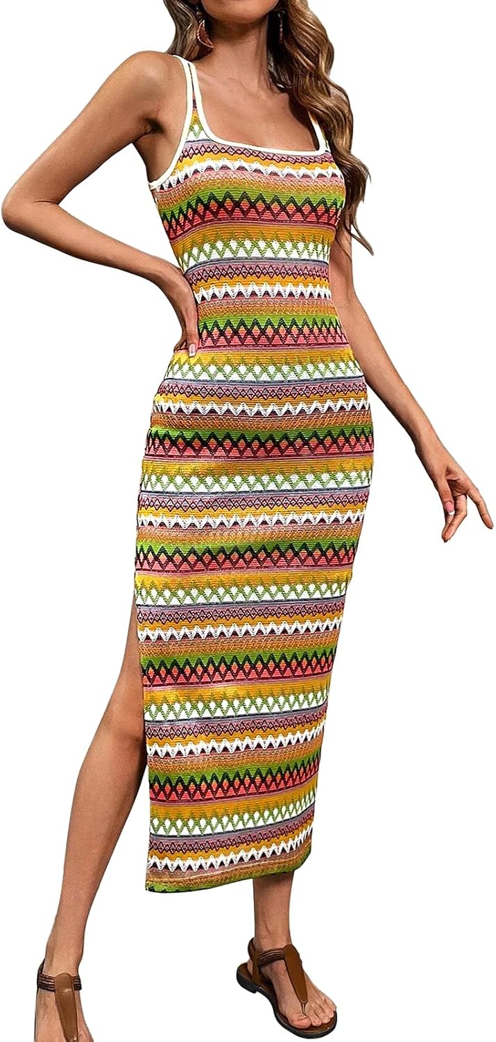 PRETTYGARDEN Tank Dress for Women 2026 Summer Casual Striped Maxi Sundress | Square Neck, Slim Fitted, Sleeveless, Side Slit Maxi Dress, Date Night, Party, Beach Vacation, Boho Dress