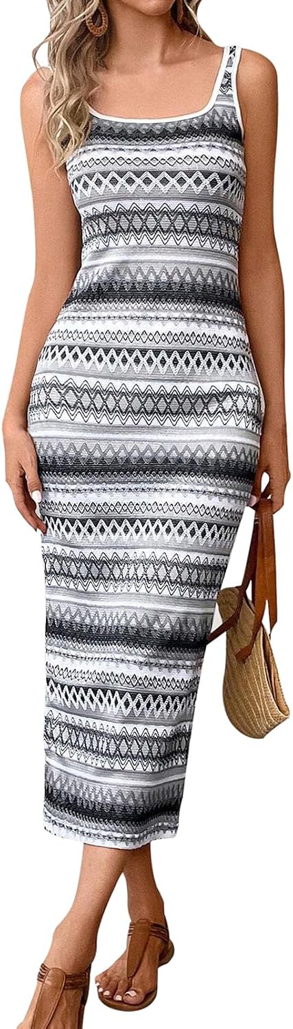 PRETTYGARDEN Tank Dress for Women 2026 Summer Casual Striped Maxi Sundress | Square Neck, Slim Fitted, Sleeveless, Side Slit Maxi Dress, Date Night, Party, Beach Vacation, Boho Dress