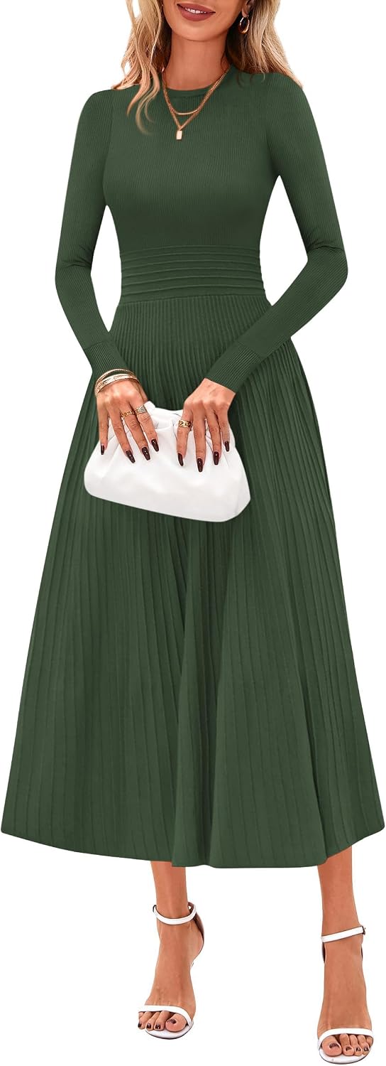 PRETTYGARDEN Women's Long Sleeve Knit Maxi Sweater Dress | Soft Pleated, Slim Fit A Line, Elegant Fall Wedding Guest Cocktail Holiday Parties Church Long Dresses, 2026 Winter Clothes