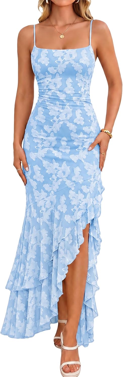 Kaximil Women's Floral Mermaid Cocktail Wedding Guest Maxi Dress | Elegant Spaghetti Strap Ruffle Ruched Bodycon Formal Long Dresses