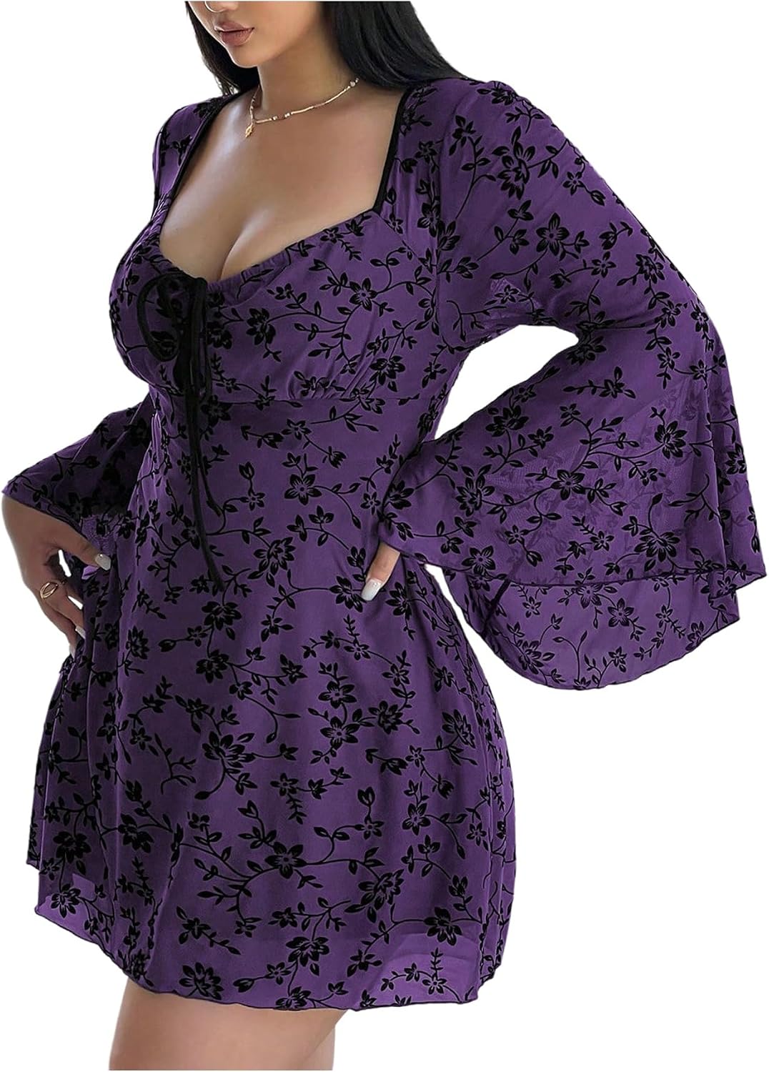 Floerns Women's Plus Size Floral Gothic Dress Flare Long Sleeve Mesh Grunge A Line Dress