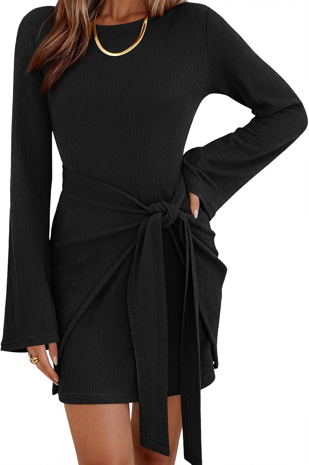 dowerme Women Bell Long Sleeve Tie Waist Bodycon Mini Dress | Casual Fall Fashion Boat Neck Short Dresses 2026,Cute Winter Tie Front Party Vacation Clothes,Soft Ribbed Knit Spring Outfits