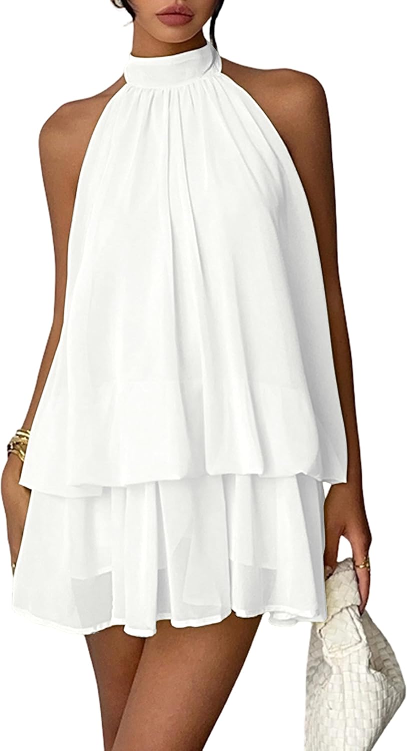 Chiffon Dresses for Women Sexy Halter Backless Drop Waist Mini Dress | Ruffle Open Back Wedding Guest Dresses Bubble Night Out Cocktail Dress Beach Vacation Birthday Party