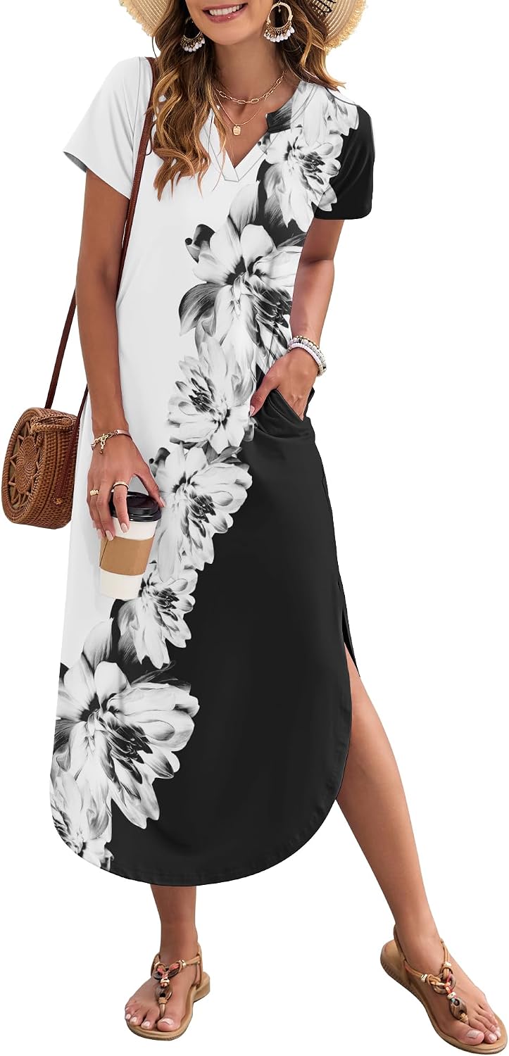MISFAY Women's Short Sleeves Summer Maxi Dresses with Pocket | Notched V-neck, Side Splits, Two Pockets, Swing Sundress Hem, Loose Shirt Dress Fit, Ankle Length, Beach Vacation Outfits