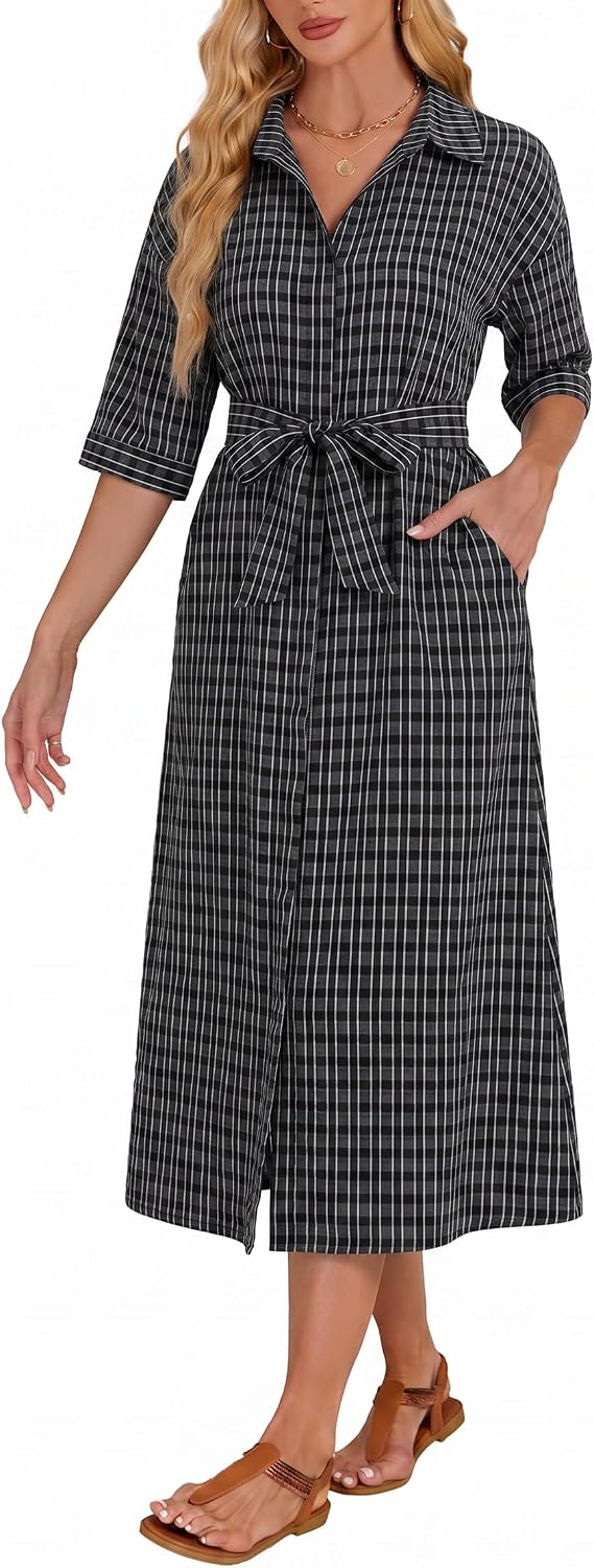 Women's 2026 Summer Gingham Maxi Dress Half Sleeve Casual Plaid Button Down Long Belted Shirt Dress