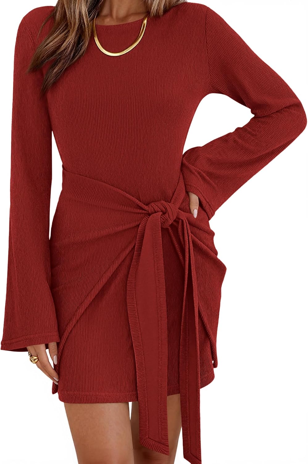 dowerme Women Bell Long Sleeve Tie Waist Bodycon Mini Dress | Casual Fall Fashion Boat Neck Short Dresses 2026,Cute Winter Tie Front Party Vacation Clothes,Soft Ribbed Knit Spring Outfits