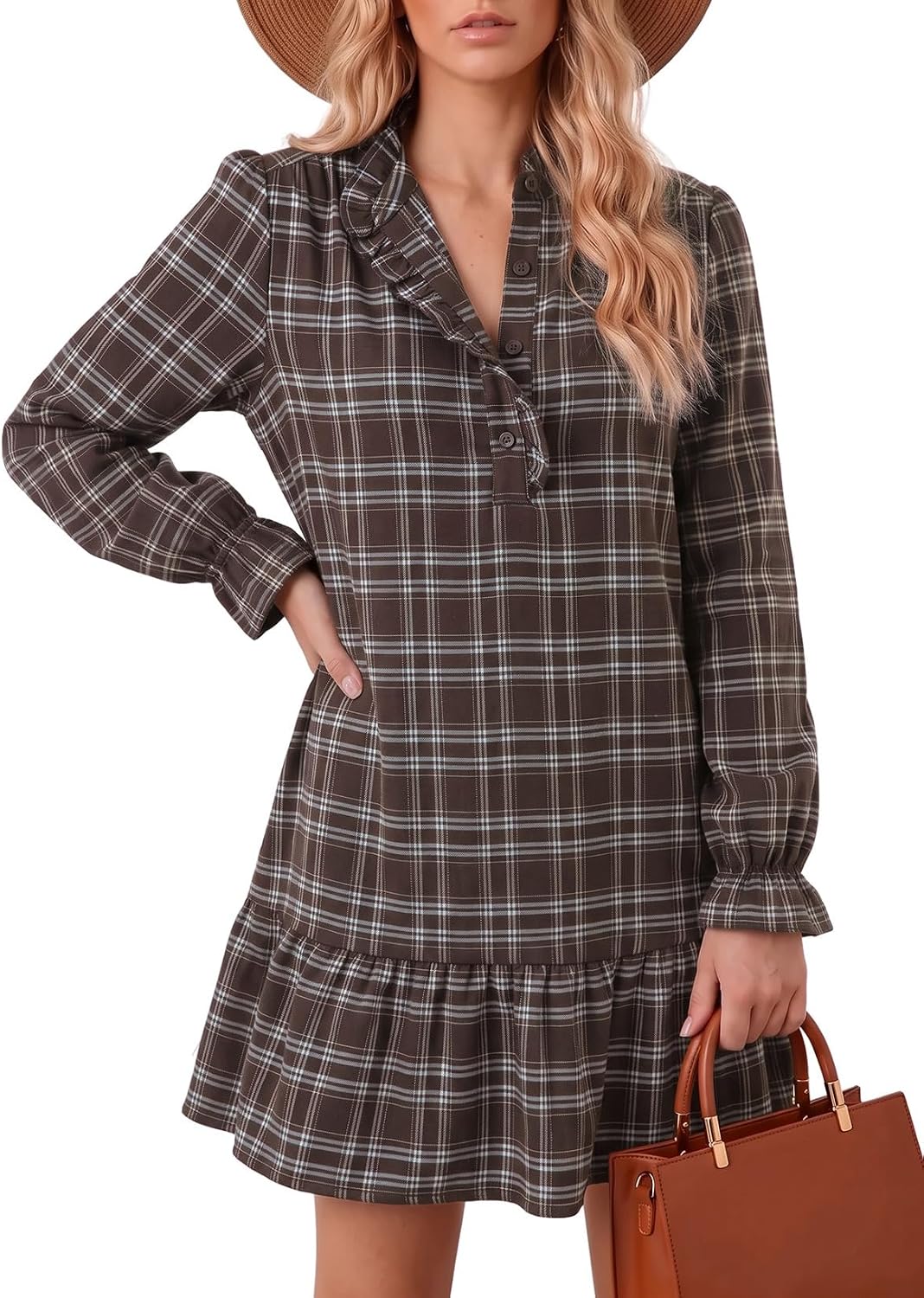 Dokotoo Fall Dresses for Women Long Sleeve Ruffled Button Down Plaid Dress | boho chic tiered mini, cute dresses for women, loose fit with pockets, 2026 fall fashion outfits, cozy casual daily outfits