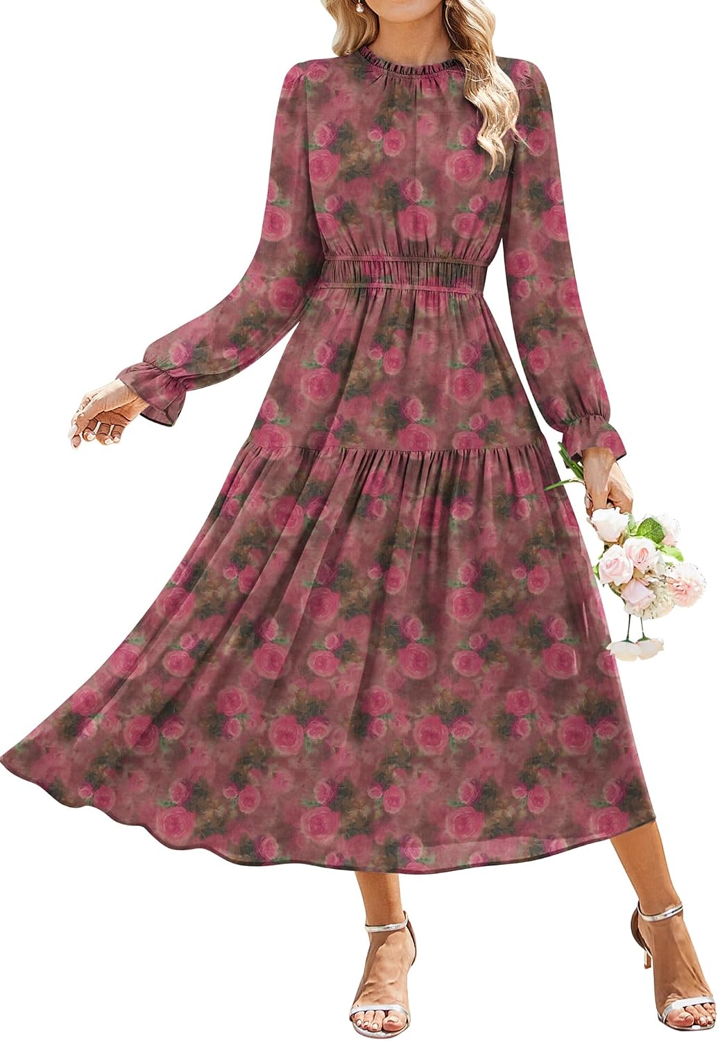 GRACE KARIN Women's Floral Long Sleeve Fall Wedding Guest Maxi Dress | 2026 Chiffon,Side Pockets,Mock Neck,Smocked Tieded,A Line Flowy Outfits Suitable for Semi Formal\/Party\/Cocktail\/Boho