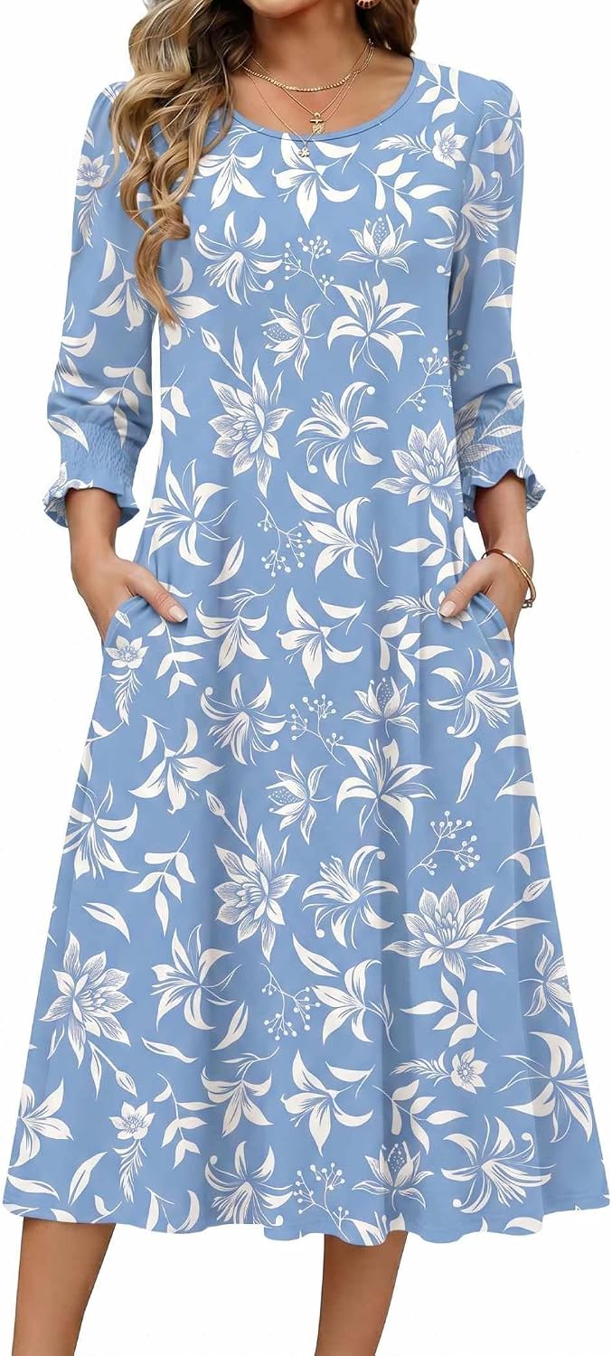 Zeagoo Summer Dresses for Women 2026 3\/4 Sleeve Dress for Women Floral Midi Dresses for Casual Womens Dresses with Pockets