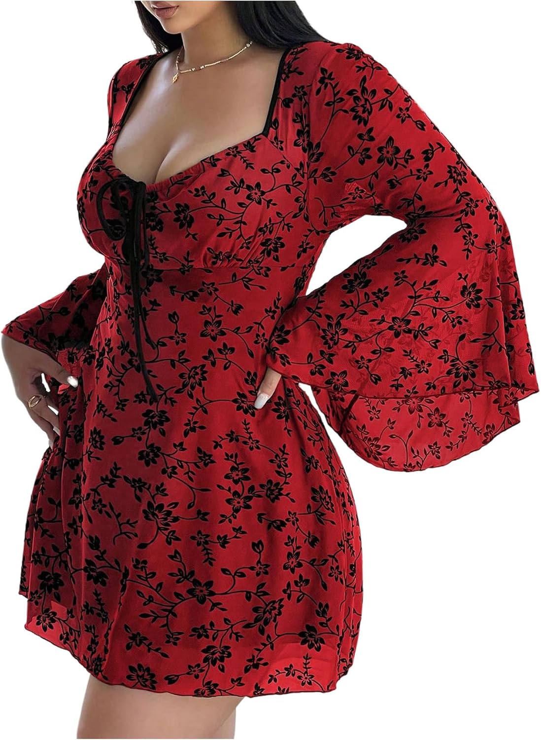 Floerns Women's Plus Size Floral Gothic Dress Flare Long Sleeve Mesh Grunge A Line Dress