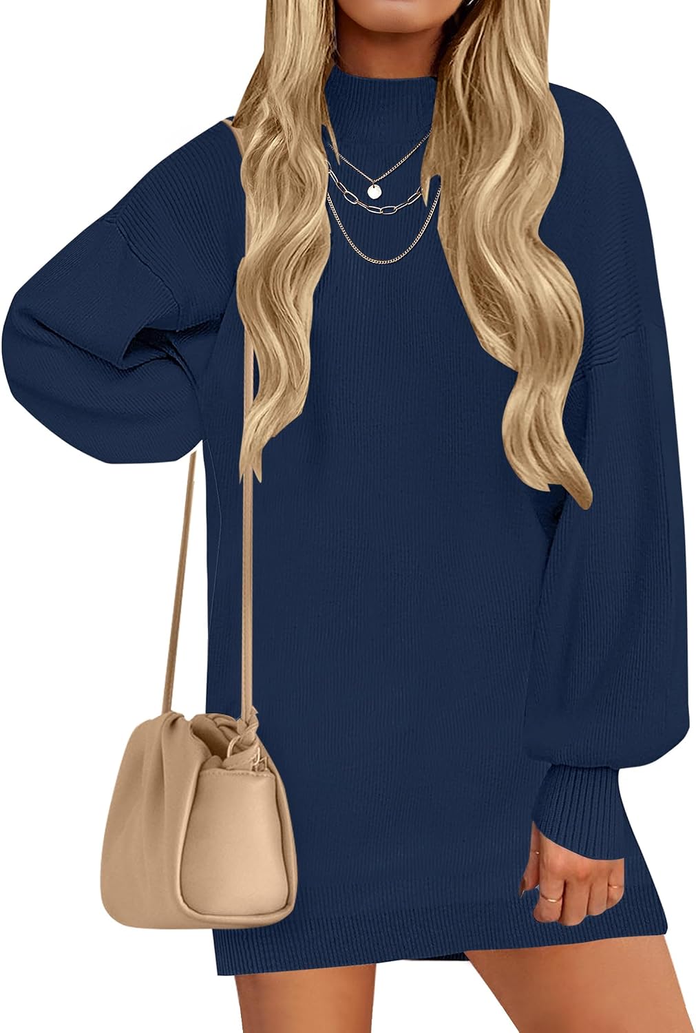 ZESICA Women's 2026 Fall Mock Neck Mini Sweater Dress Pullover Knit Dresses | Long Lantern Sleeve, Oversized, Soft, Cozy, Ribbed Knit, Elegant, 2026 Fall Fashion, Winter Dresses, Dressy Casual Clothes