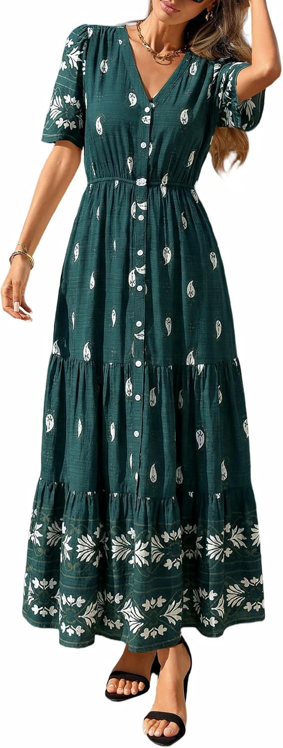 PRETTYGARDEN Womens Short Sleeve Boho Maxi Dress | Floral Tiered Flowy Fit, Fashion Button Front, V Neck Long Dresses With Pockets, Casual Beach Vacation Outfits, Summer Wear
