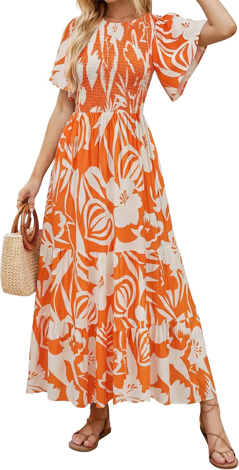 ZESICA Women's Summer Boho Floral Smocked Short Sleeve Maxi Dress | Tiered, Flowy, Elastic Waist, 2026 Casual Wedding Guest Date Holiday Beach Vacation Long Dresses