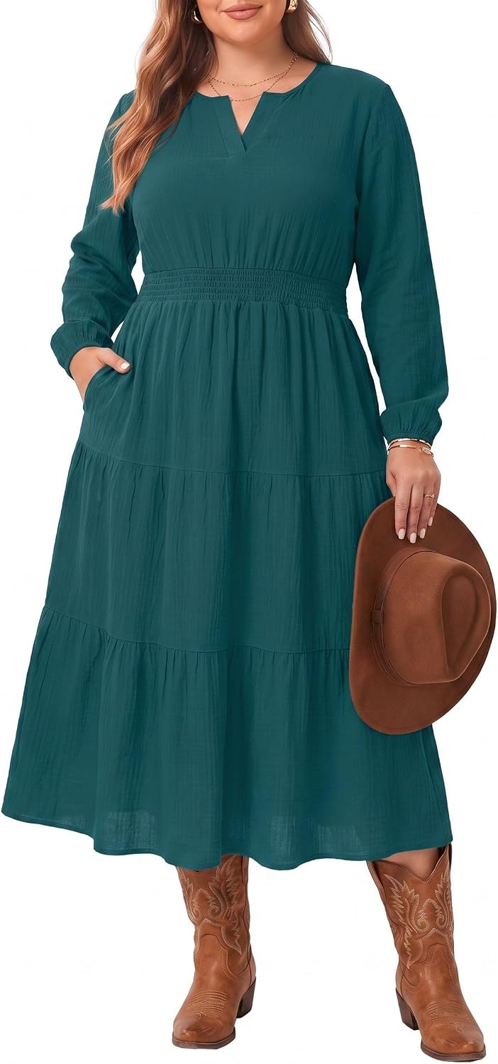 OLRIK Plus Size Fall Maxi Dress for Curvy Women Long Sleeve Pockets | Smocked Waist Tiered Skirt Deep Pockets Autumn Boho Maxi Dress for Wedding Guest Family Photo Teacher or Work Casual