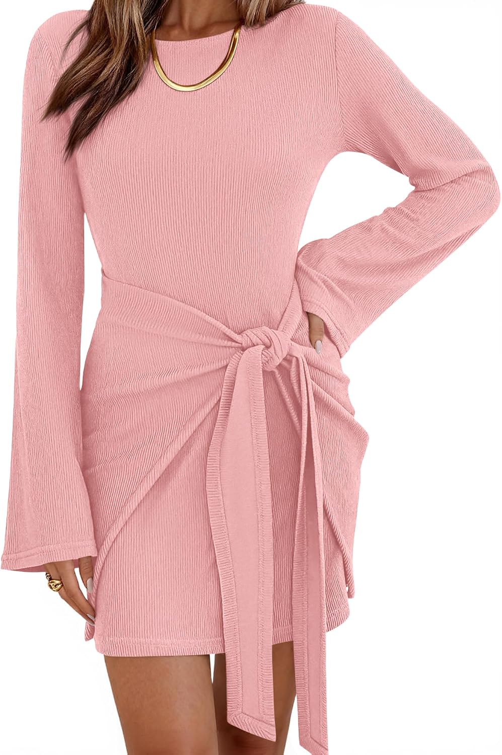 dowerme Women Bell Long Sleeve Tie Waist Bodycon Mini Dress | Casual Fall Fashion Boat Neck Short Dresses 2026,Cute Winter Tie Front Party Vacation Clothes,Soft Ribbed Knit Spring Outfits