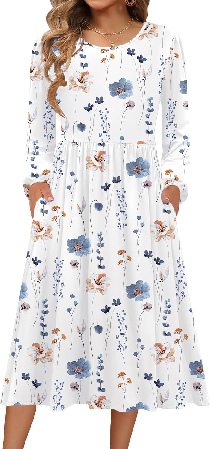 Zeagoo Long Sleeve Dresses for Women 2026 Fall Winter Casual Flowy A-Line Boho Midi Party Long Dress with Pockets