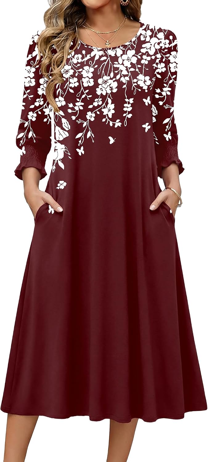 Zeagoo Summer Dresses for Women 2026 3\/4 Sleeve Dress for Women Floral Midi Dresses for Casual Womens Dresses with Pockets