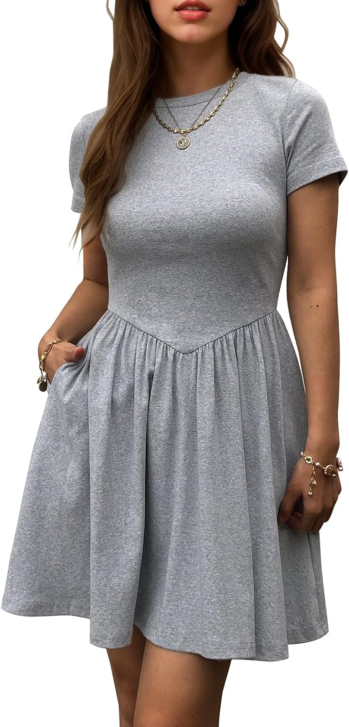Evzeiem Womens Summer T Shirt Dress Short Sleeve Casual Mini Dresses Drop Waist Swing A Line Dress with Pockets