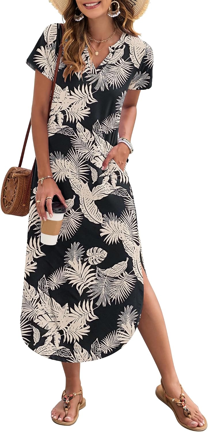 MISFAY Women's Short Sleeves Summer Maxi Dresses with Pocket | Notched V-neck, Side Splits, Two Pockets, Swing Sundress Hem, Loose Shirt Dress Fit, Ankle Length, Beach Vacation Outfits