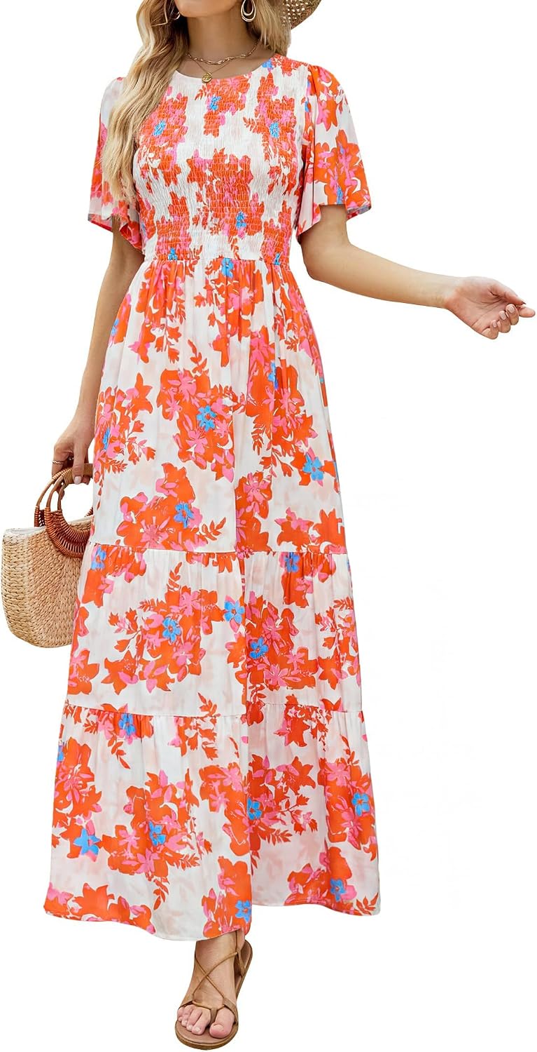 ZESICA Women's Summer Boho Floral Smocked Short Sleeve Maxi Dress | Tiered, Flowy, Elastic Waist, 2026 Casual Wedding Guest Date Holiday Beach Vacation Long Dresses