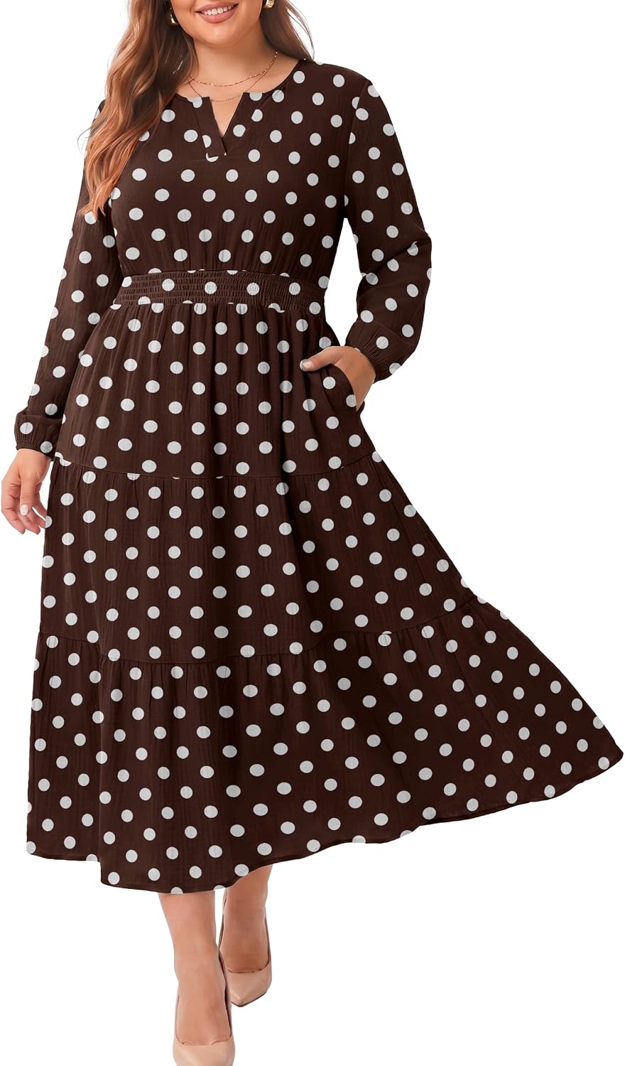 OLRIK Plus Size Fall Maxi Dress for Curvy Women Long Sleeve Pockets | Smocked Waist Tiered Skirt Deep Pockets Autumn Boho Maxi Dress for Wedding Guest Family Photo Teacher or Work Casual