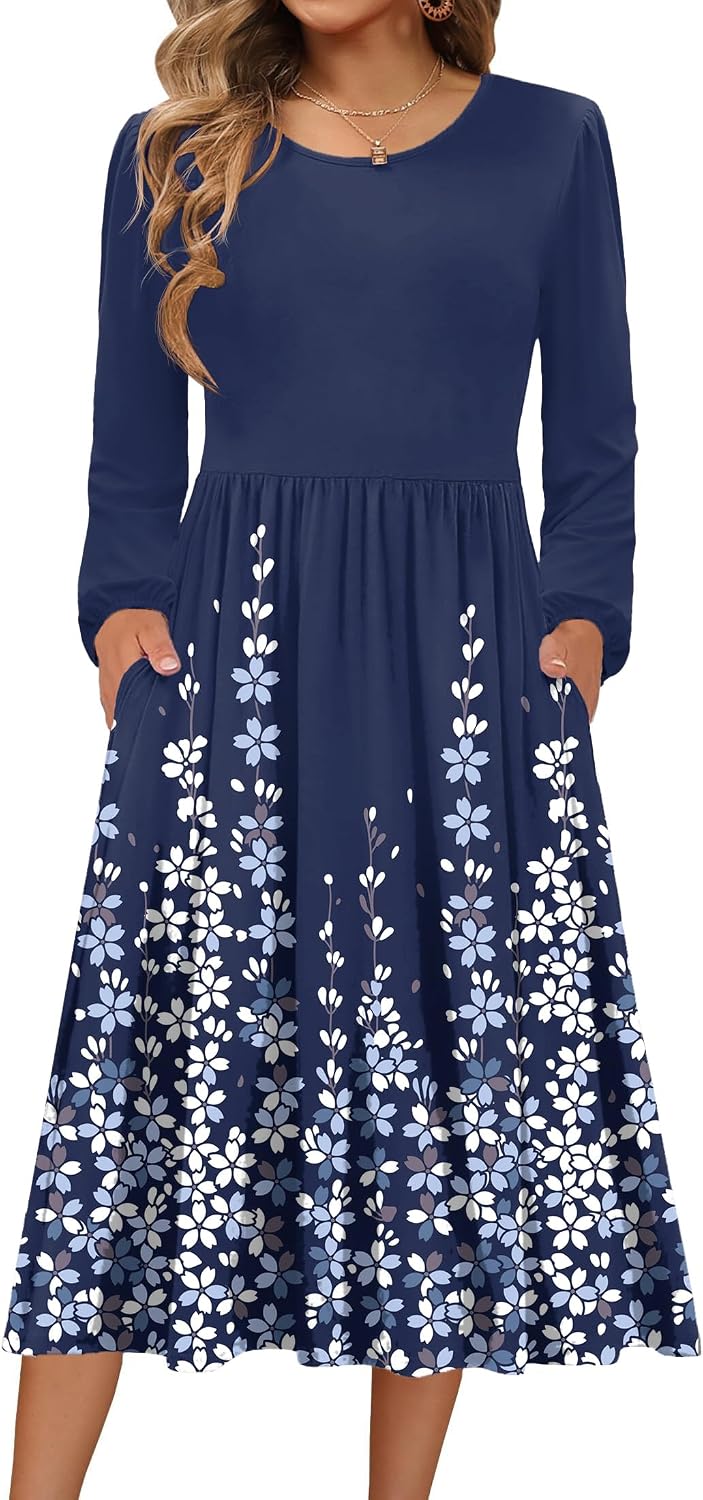 Zeagoo Long Sleeve Dresses for Women 2026 Fall Winter Casual Flowy A-Line Boho Midi Party Long Dress with Pockets