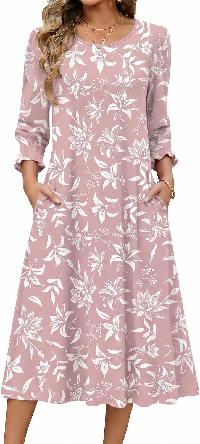 Zeagoo Summer Dresses for Women 2026 3\/4 Sleeve Dress for Women Floral Midi Dresses for Casual Womens Dresses with Pockets