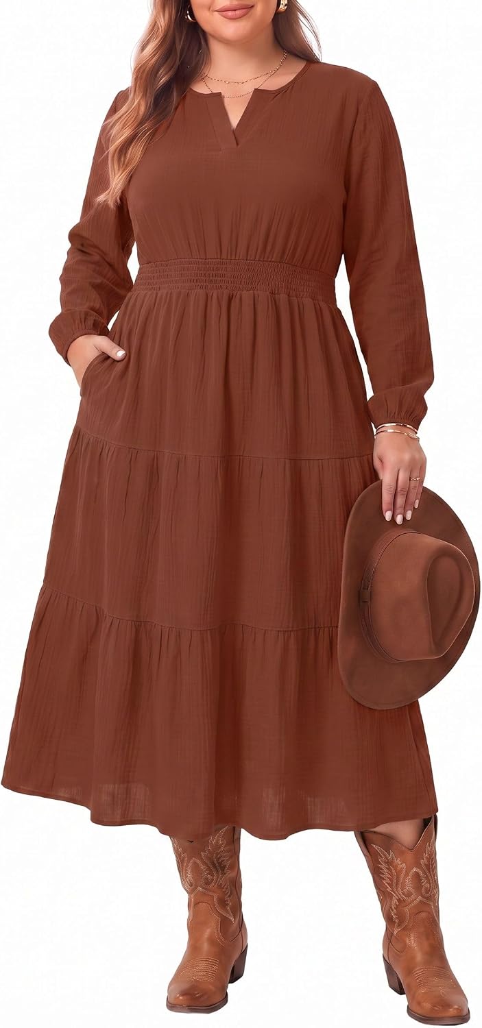 OLRIK Plus Size Fall Maxi Dress for Curvy Women Long Sleeve Pockets | Smocked Waist Tiered Skirt Deep Pockets Autumn Boho Maxi Dress for Wedding Guest Family Photo Teacher or Work Casual