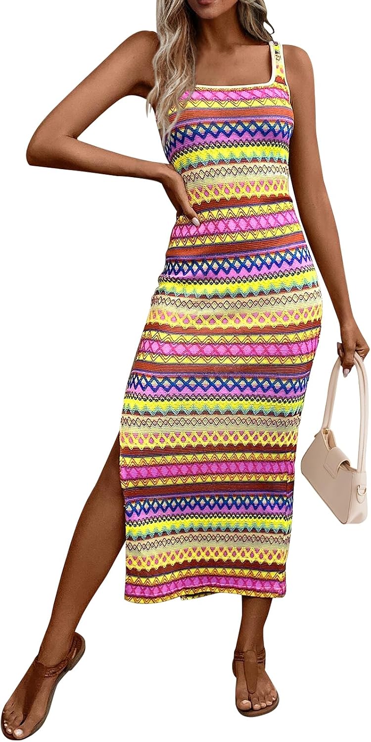 PRETTYGARDEN Tank Dress for Women 2026 Summer Casual Striped Maxi Sundress | Square Neck, Slim Fitted, Sleeveless, Side Slit Maxi Dress, Date Night, Party, Beach Vacation, Boho Dress