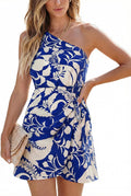 CUPSHE Women's Tropical Leaf Floral Print One Shoulder Wrap Mini Dress | Sleeveless, Asymmetrical Neck, Self Tie Waist Tulip Hem, Zipper Back Vibrant Sundress, For Summer Beach Vacation, Resort Wear
