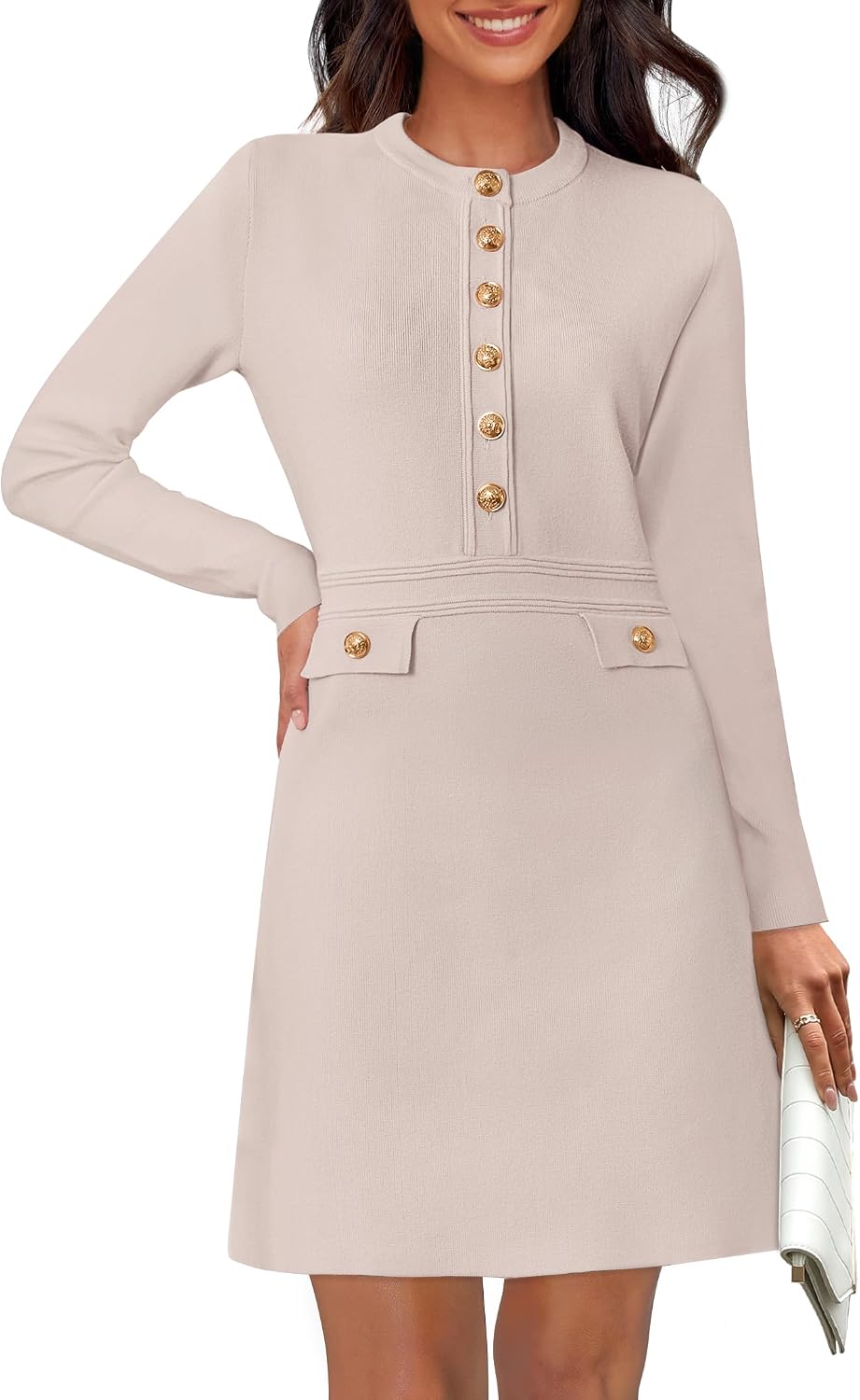 NENONA Women's 2026 Long Sleeve Fall Winter Sweater Dress Spring Fashion Button Elegant Business Casual Work Mini Dresses