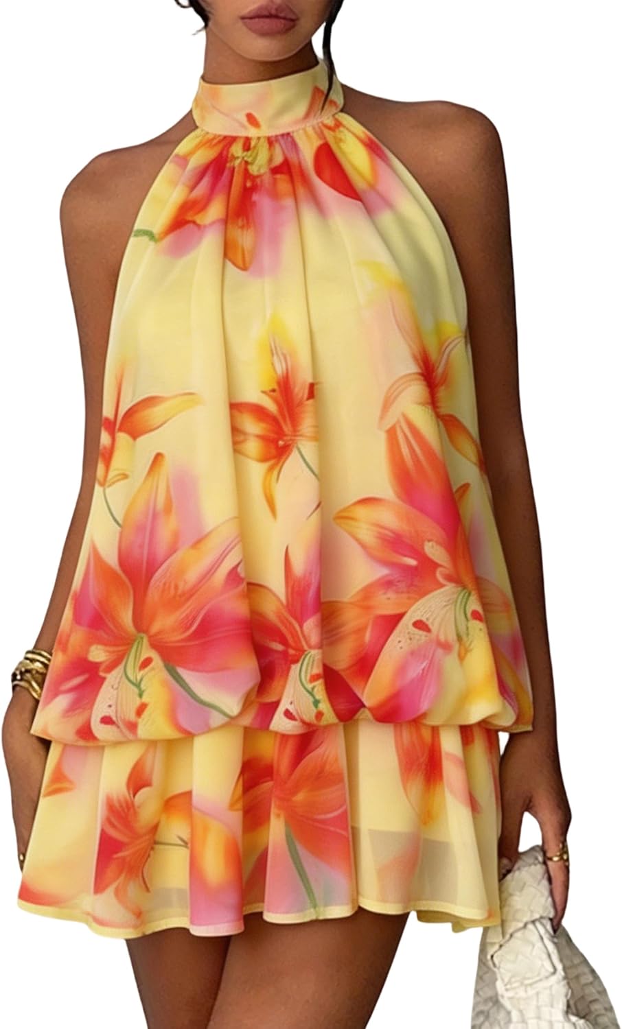 Chiffon Dresses for Women Sexy Halter Backless Drop Waist Mini Dress | Ruffle Open Back Wedding Guest Dresses Bubble Night Out Cocktail Dress Beach Vacation Birthday Party