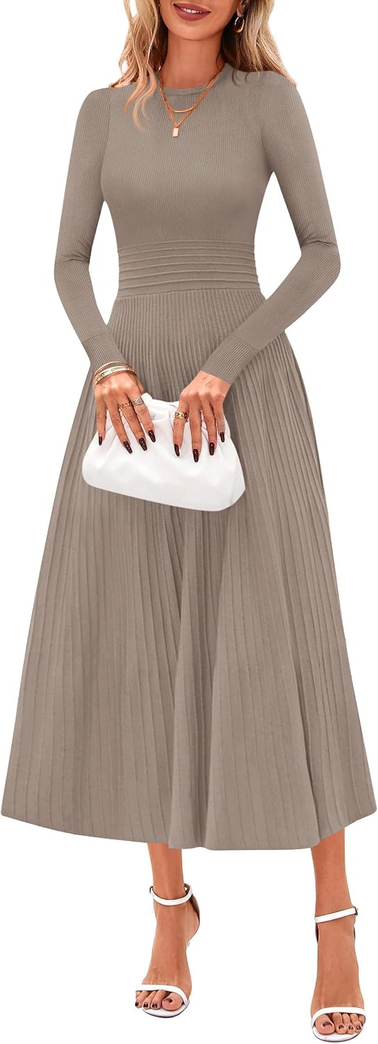 PRETTYGARDEN Women's Long Sleeve Knit Maxi Sweater Dress | Soft Pleated, Slim Fit A Line, Elegant Fall Wedding Guest Cocktail Holiday Parties Church Long Dresses, 2026 Winter Clothes