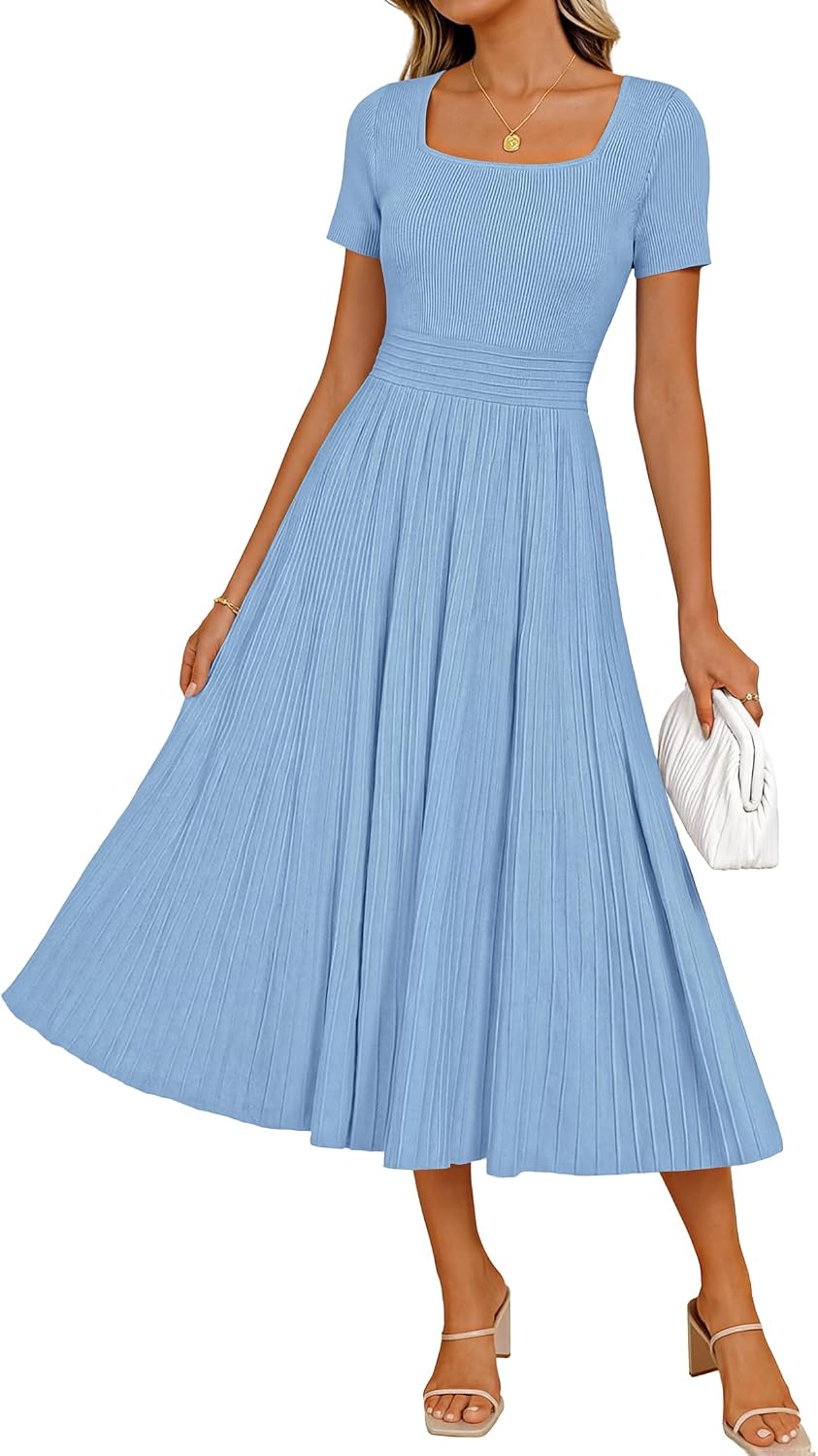 ZESICA Womens Elegant Pleated Wedding Guest Midi Sweater Dress | Square Neck, Short Sleeve, A-Line, Business Casual Outfits, For Summer, Early Fall, Winter Layering