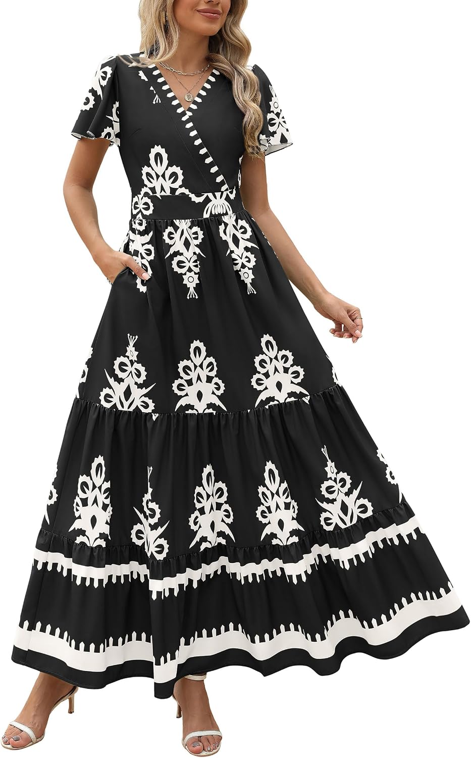 PRETTYGARDEN Womens Floral Boho Maxi Dress | Flutter Short Sleeve,Vneck Wrap,Tiered Ruffle,A Line Flowy Dresses,with Pockets,Summer Wedding Guest Beach Vacation Clothes
