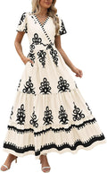 PRETTYGARDEN Womens Floral Boho Maxi Dress | Flutter Short Sleeve,Vneck Wrap,Tiered Ruffle,A Line Flowy Dresses,with Pockets,Summer Wedding Guest Beach Vacation Clothes