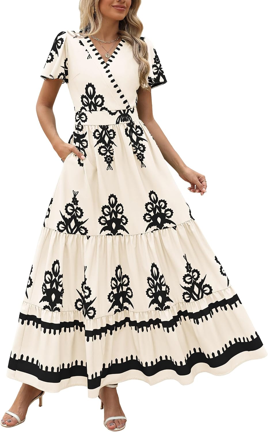 PRETTYGARDEN Womens Floral Boho Maxi Dress | Flutter Short Sleeve,Vneck Wrap,Tiered Ruffle,A Line Flowy Dresses,with Pockets,Summer Wedding Guest Beach Vacation Clothes