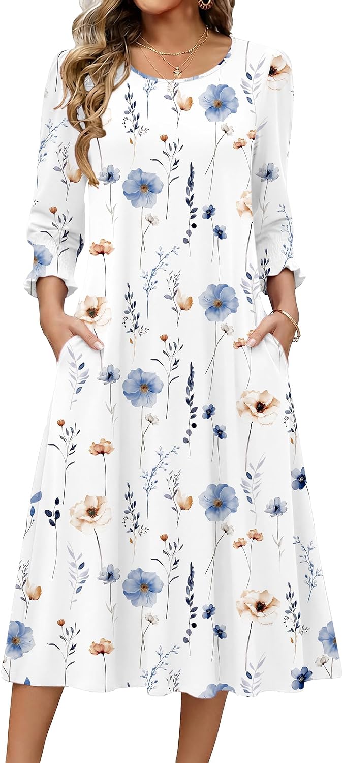 Zeagoo Summer Dresses for Women 2026 3\/4 Sleeve Dress for Women Floral Midi Dresses for Casual Womens Dresses with Pockets
