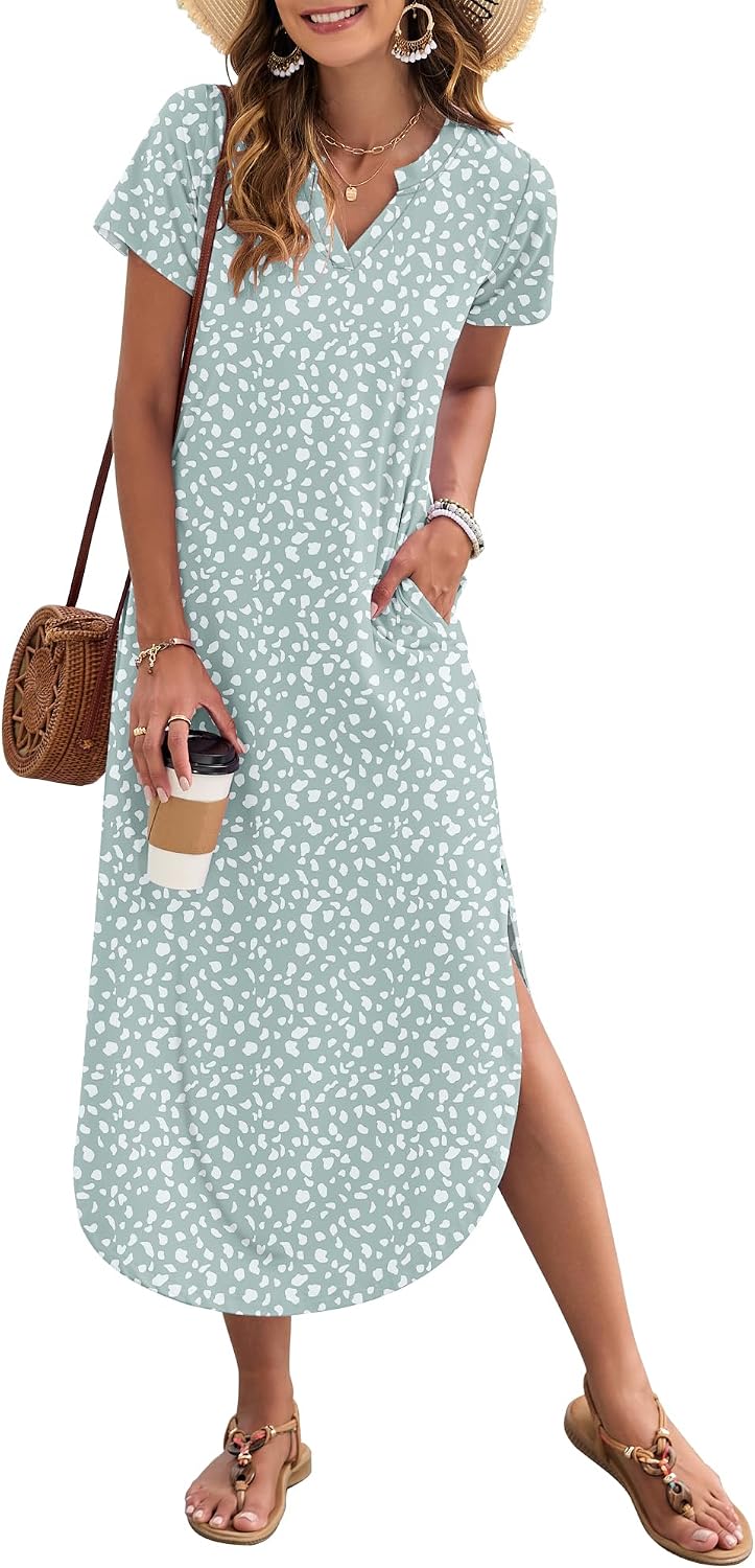 MISFAY Women's Short Sleeves Summer Maxi Dresses with Pocket | Notched V-neck, Side Splits, Two Pockets, Swing Sundress Hem, Loose Shirt Dress Fit, Ankle Length, Beach Vacation Outfits