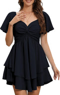 Florboom Women's Sweetheart Knot Front Dress Smocked Back Short Sleeve Layered Boho Chiffon Mini Dresses