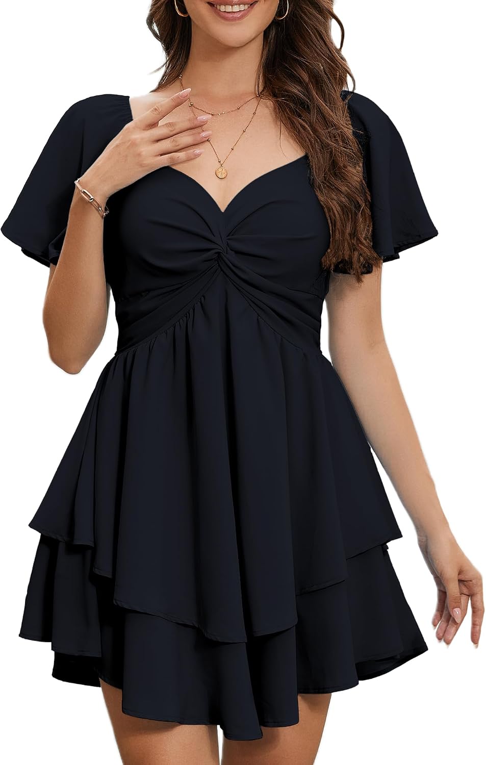 Florboom Women's Sweetheart Knot Front Dress Smocked Back Short Sleeve Layered Boho Chiffon Mini Dresses