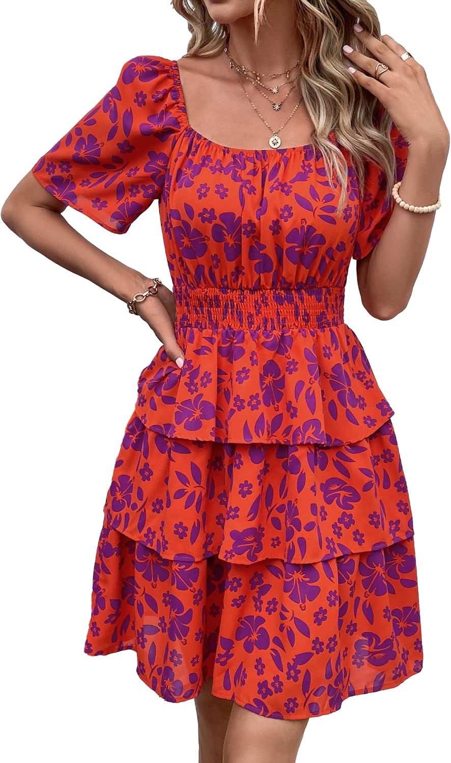 PRETTYGARDEN Women's Summer Floral Ruffle Short Dress | Short Sleeve Square Neck, Flowy Tiered Hem, Fit and Flare, Flower Boho Dresses, Cute Beach Vacation Outfits, Fashion Clothing