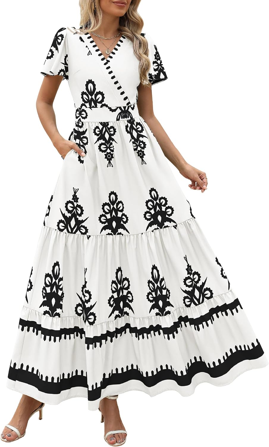 PRETTYGARDEN Womens Floral Boho Maxi Dress | Flutter Short Sleeve,Vneck Wrap,Tiered Ruffle,A Line Flowy Dresses,with Pockets,Summer Wedding Guest Beach Vacation Clothes