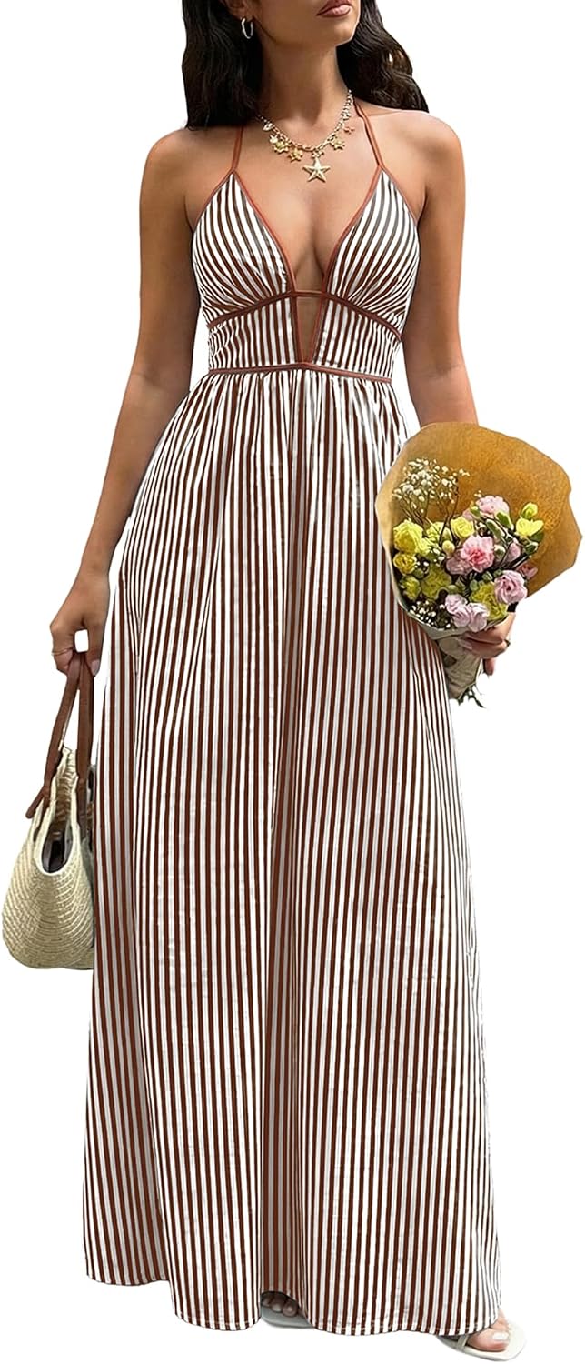 Women's Summer Sleeveless Striped Smocked Flowy Swing Maxi Halter V Neck A Line Casual Long Beach Vacation Dresses