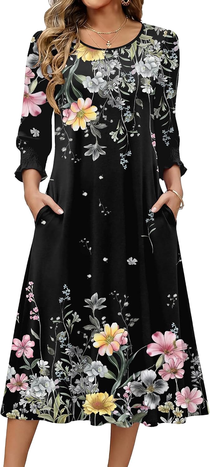 Zeagoo Summer Dresses for Women 2026 3\/4 Sleeve Dress for Women Floral Midi Dresses for Casual Womens Dresses with Pockets