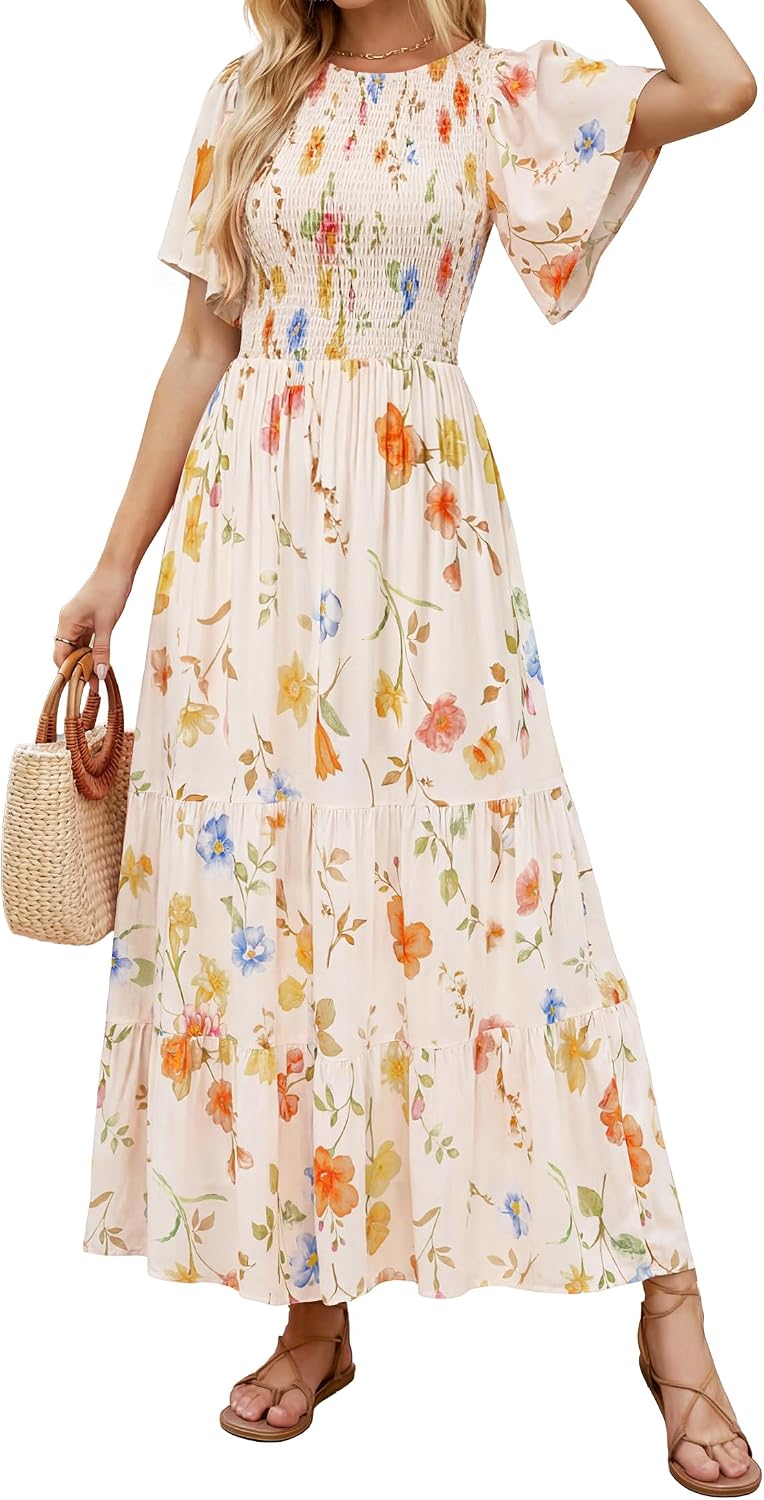ZESICA Women's Summer Boho Floral Smocked Short Sleeve Maxi Dress | Tiered, Flowy, Elastic Waist, 2026 Casual Wedding Guest Date Holiday Beach Vacation Long Dresses
