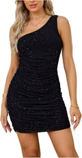 Women\u2019s Sequin One Shoulder Bodycon Pencil Dress Skinny High Waist Silver Glitter Specks Party Club Evening Dresses