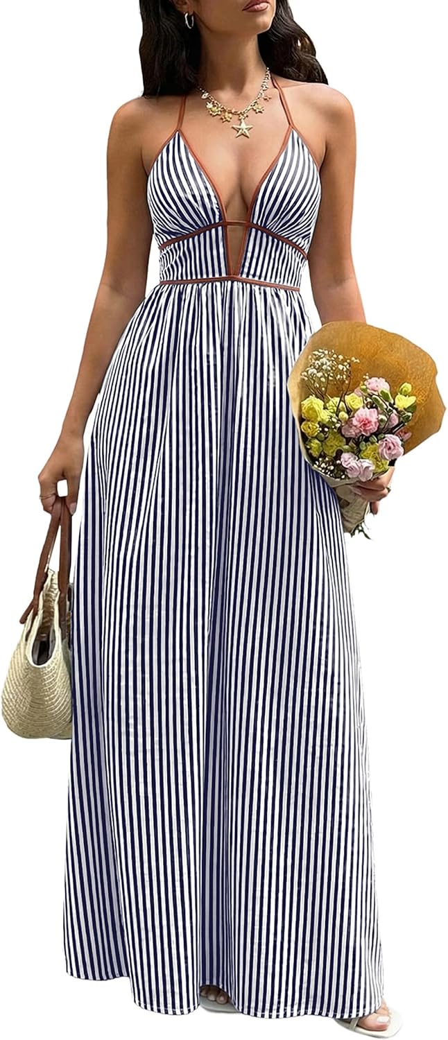 Women's Summer Sleeveless Striped Smocked Flowy Swing Maxi Halter V Neck A Line Casual Long Beach Vacation Dresses