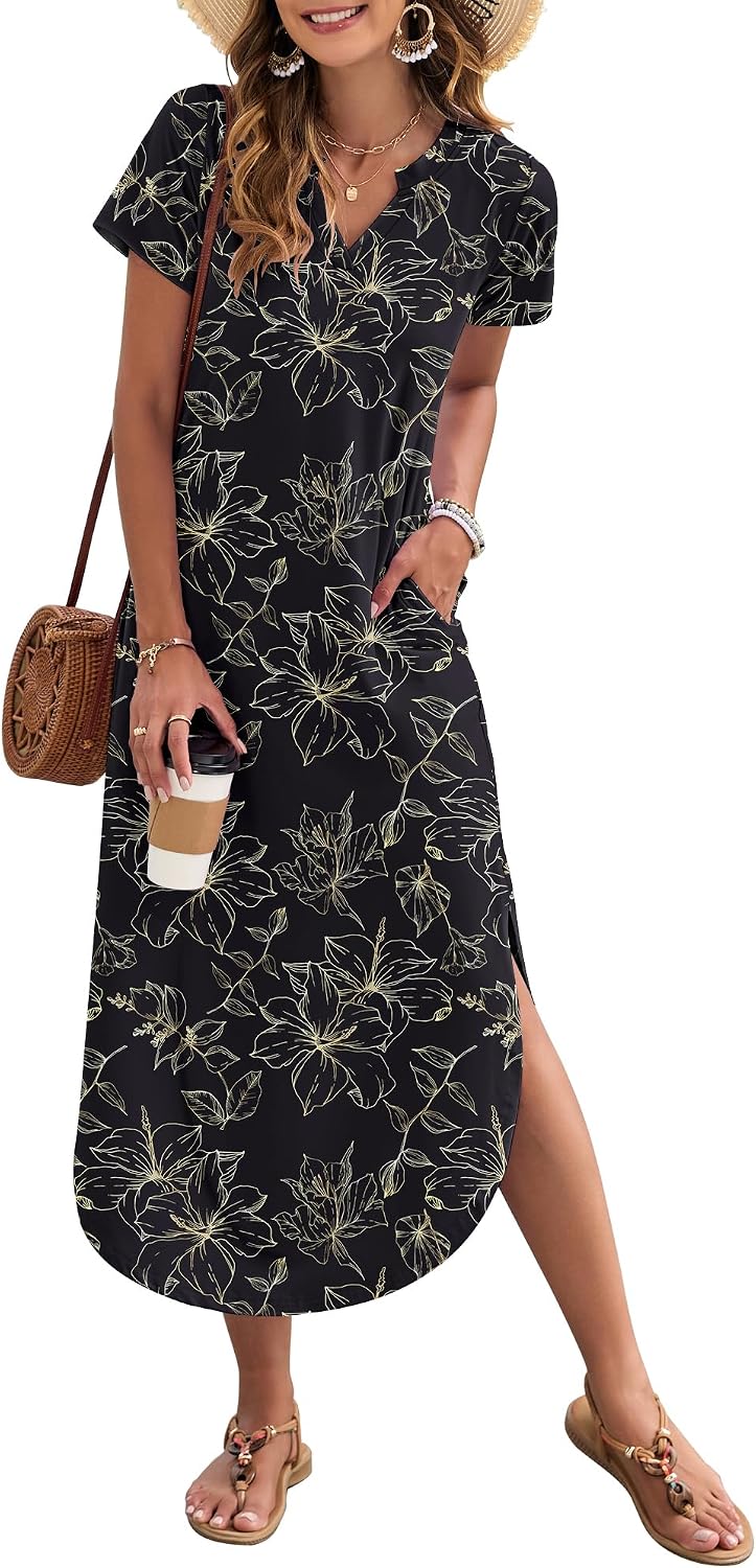 MISFAY Women's Short Sleeves Summer Maxi Dresses with Pocket | Notched V-neck, Side Splits, Two Pockets, Swing Sundress Hem, Loose Shirt Dress Fit, Ankle Length, Beach Vacation Outfits
